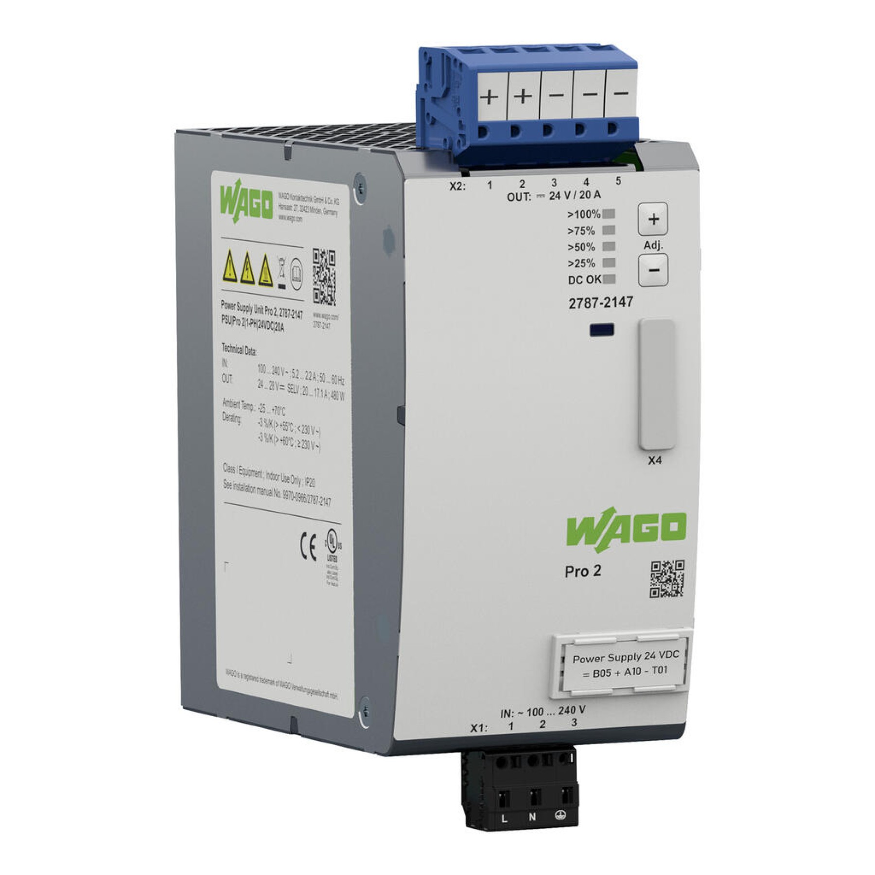 Wago 2787-2147 20A Power Supply 24VDC Pro 2; 1-phase TopBoost - PowerBoost; communication capability