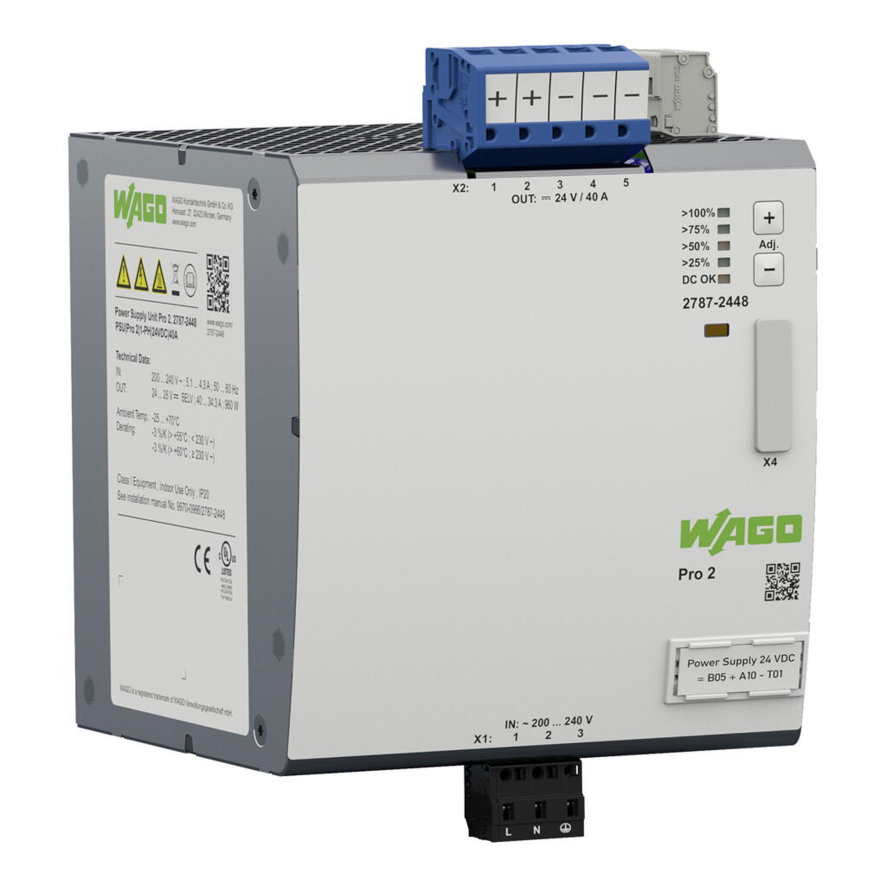Wago 2787-2448 40A 40AMP Power Supply 24VDC Pro 2; 1-phase TopBoost - PowerBoost; communication capability