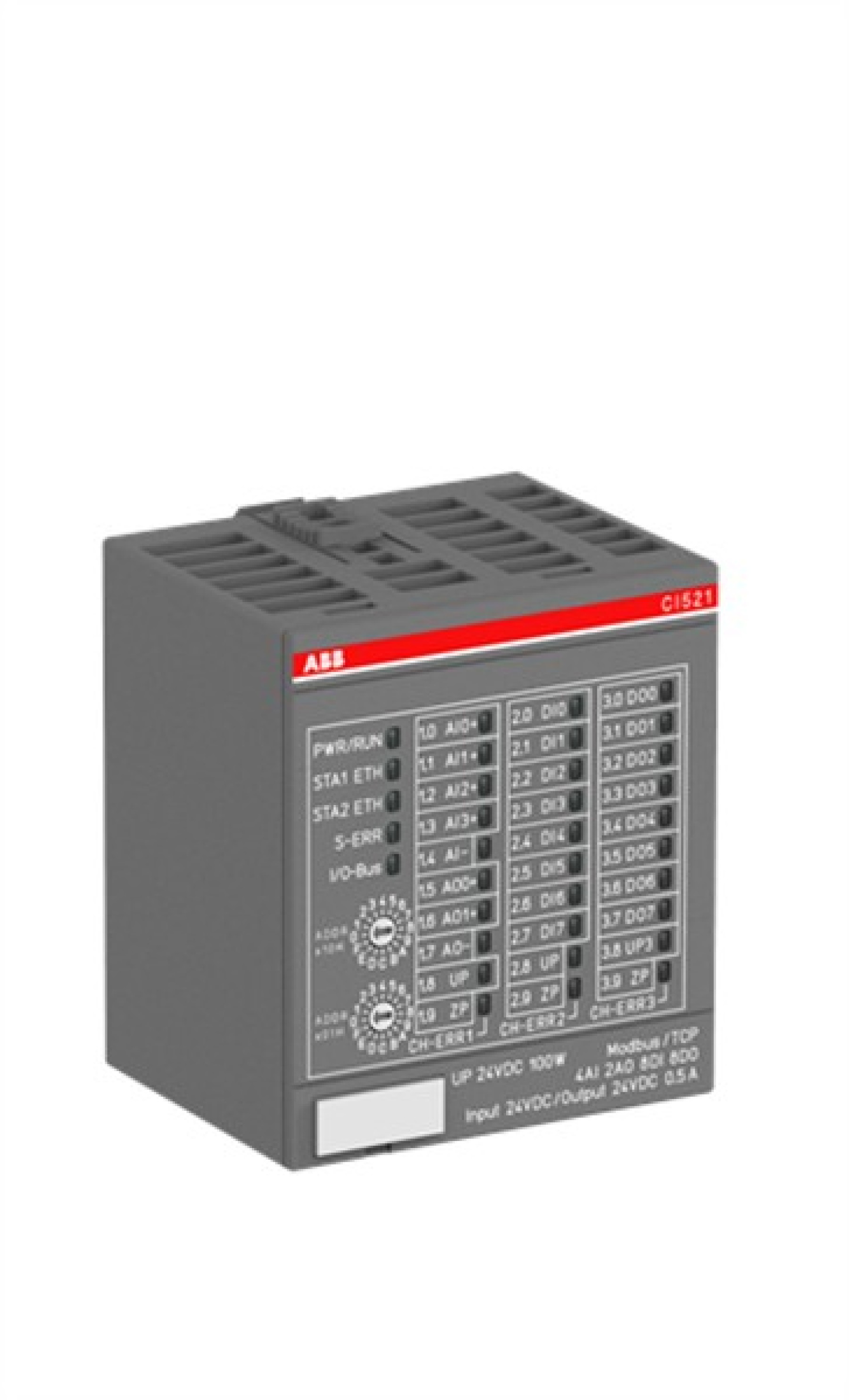 ABB CI521-MODTCP S500 Bus-Module 4AI/2AO/8DI/8DO Modbus TCP 24VDC DI:24VDC DO:24VDC/0.5A U/I/RTD 12bit+sign 1/2-wire i/o module