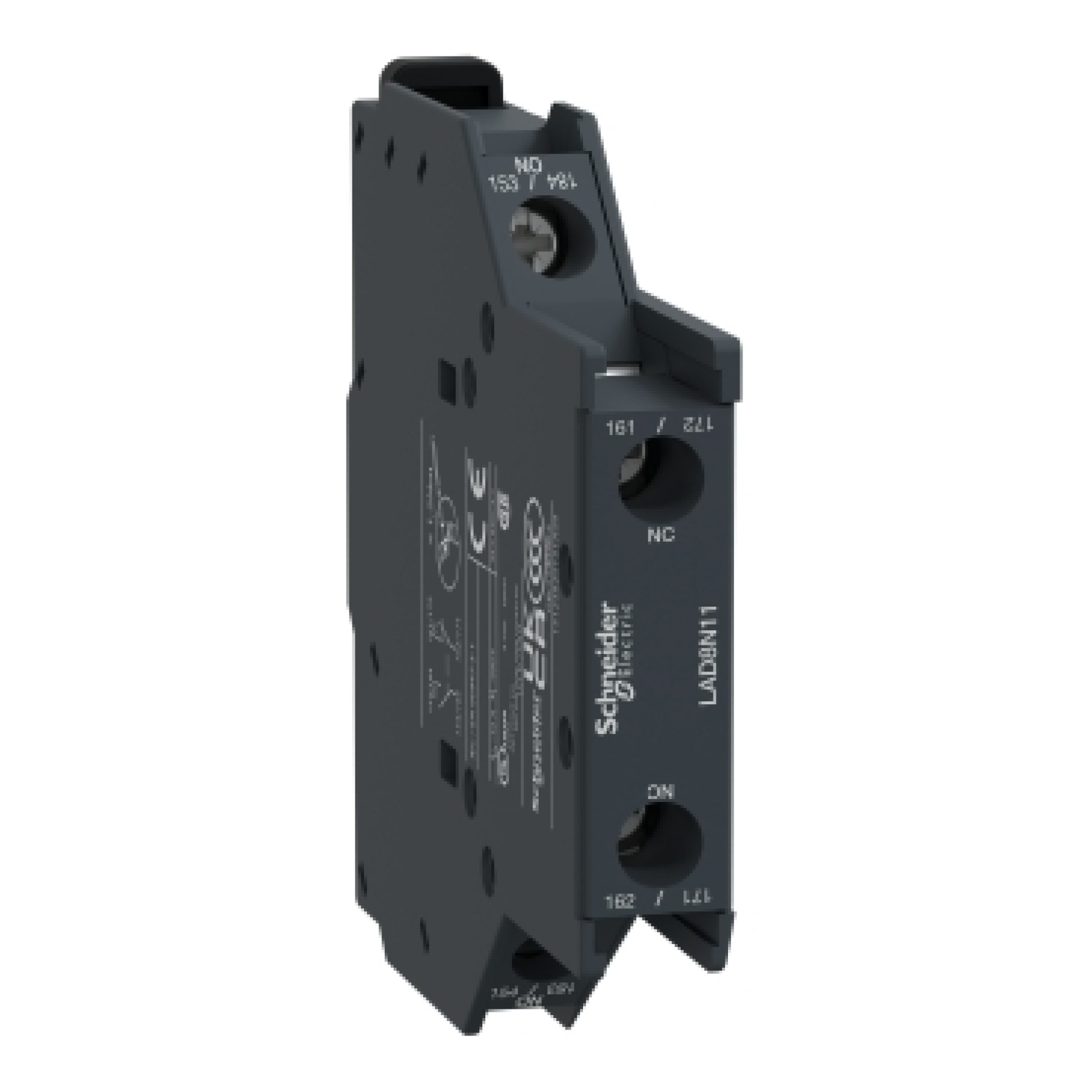 Schneider LAD8N11 Auxiliary contact block TeSys D 1NO + 1NC side mounting screw clamp terminals LC1D