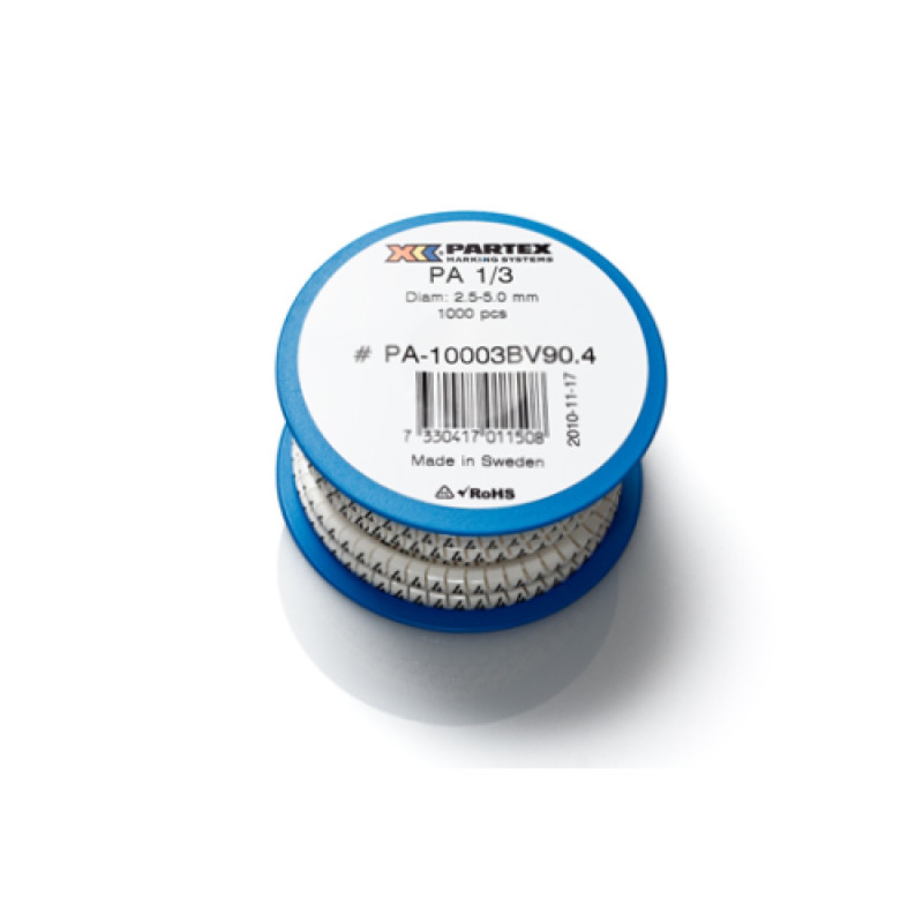 Partex Cable Marker PA1/3 Black/White Marked I Reel To suit cables: 2.5 - 5.0mm (0.75 - 4.0mm)