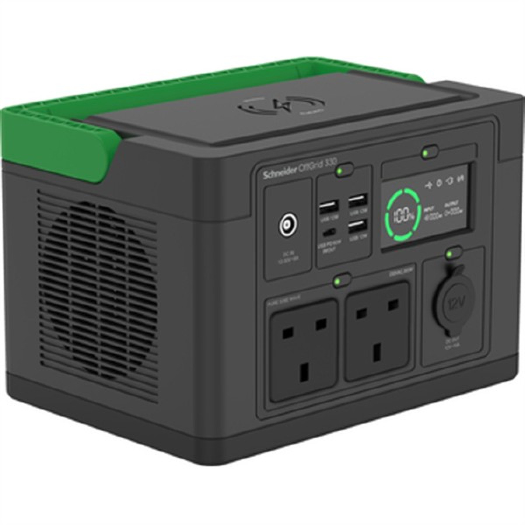 Schneider PPS330-UK OffGrid Portable Power Station 330 230V 332Wh Lithium-ion LCD 2 BS1363 UK outlets Sinewave 3 USB-A 1 USB-C Wireless Charger