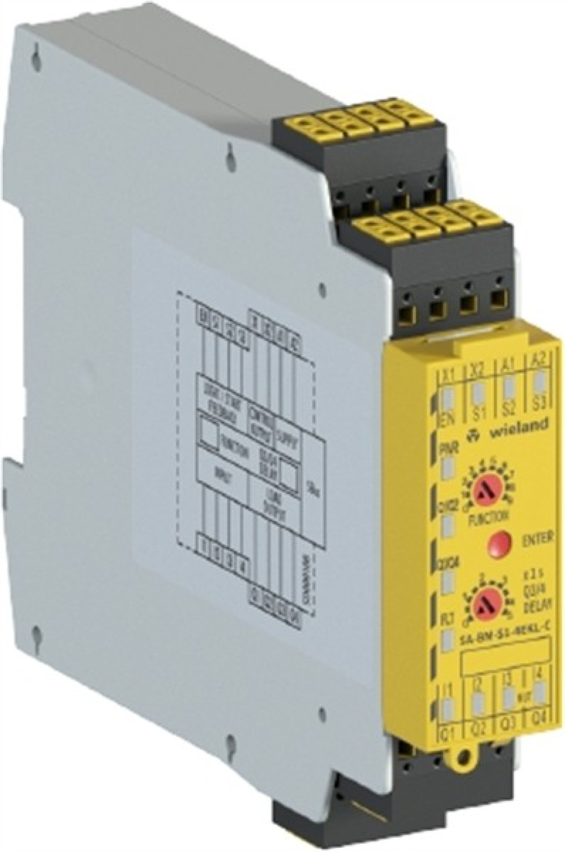 Wieland R1.180.0360.0 Safety Relay SA-BM-S1-4EKL-C Samos Basic Module Programming by Switch 8 Inpus 4 Outputs 8 Functions Off Delay 0-5 Seconds 24VDC
